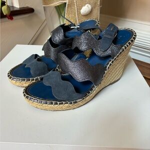 Marc Fisher Navy and Metallic Suede and Leather Wedge Espadrilles